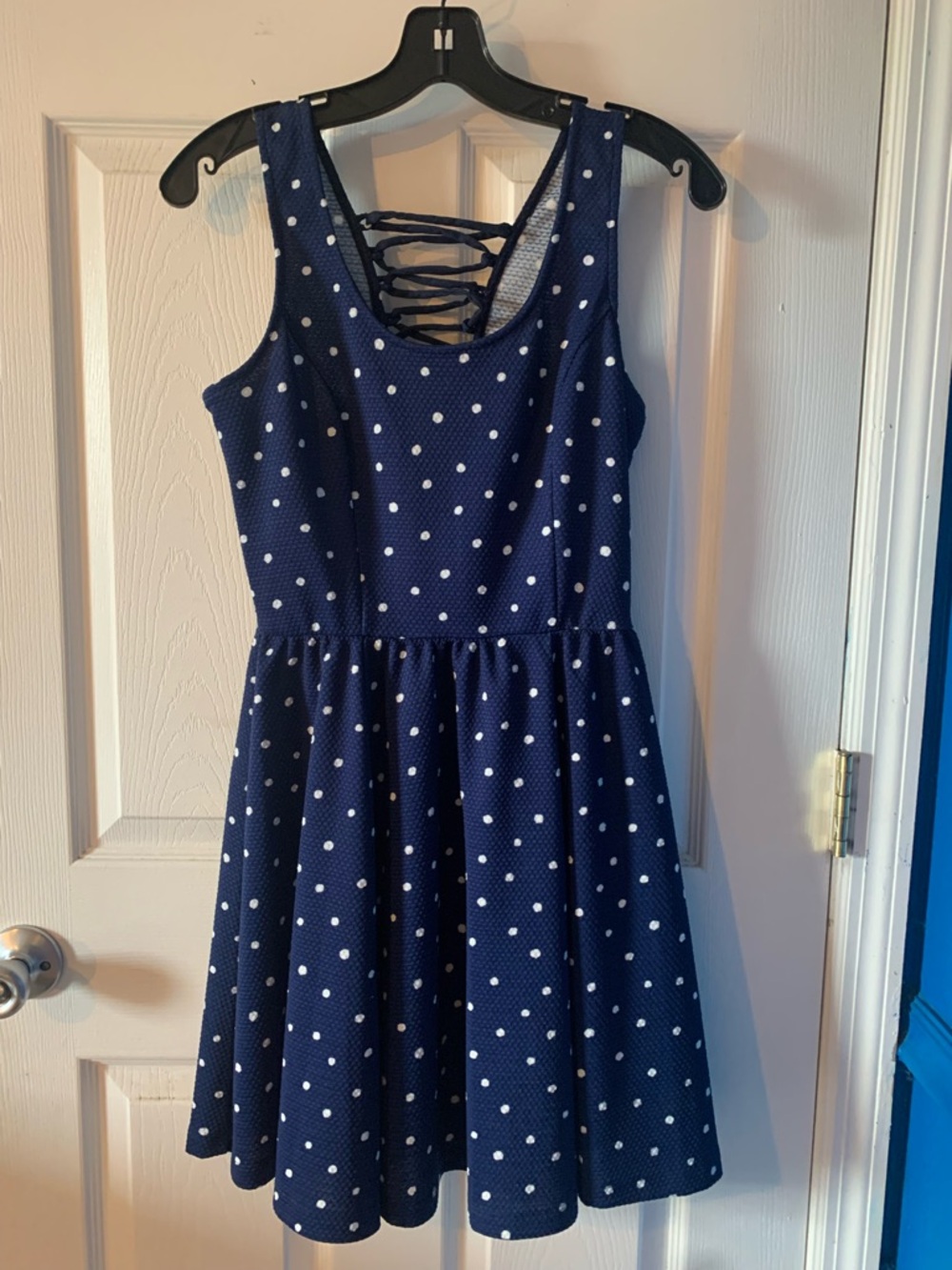 Classic Navy Polka Dot Dress with Lace-Up Back by Jessica Simpson